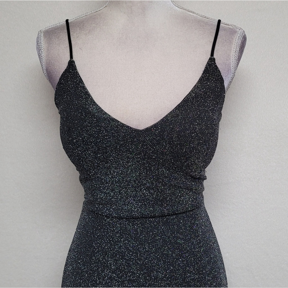 90s Vintage Mind Code Black Metallic Knit V-neck Thigh High Slit Maxi Dress L - Picture 3 of 11